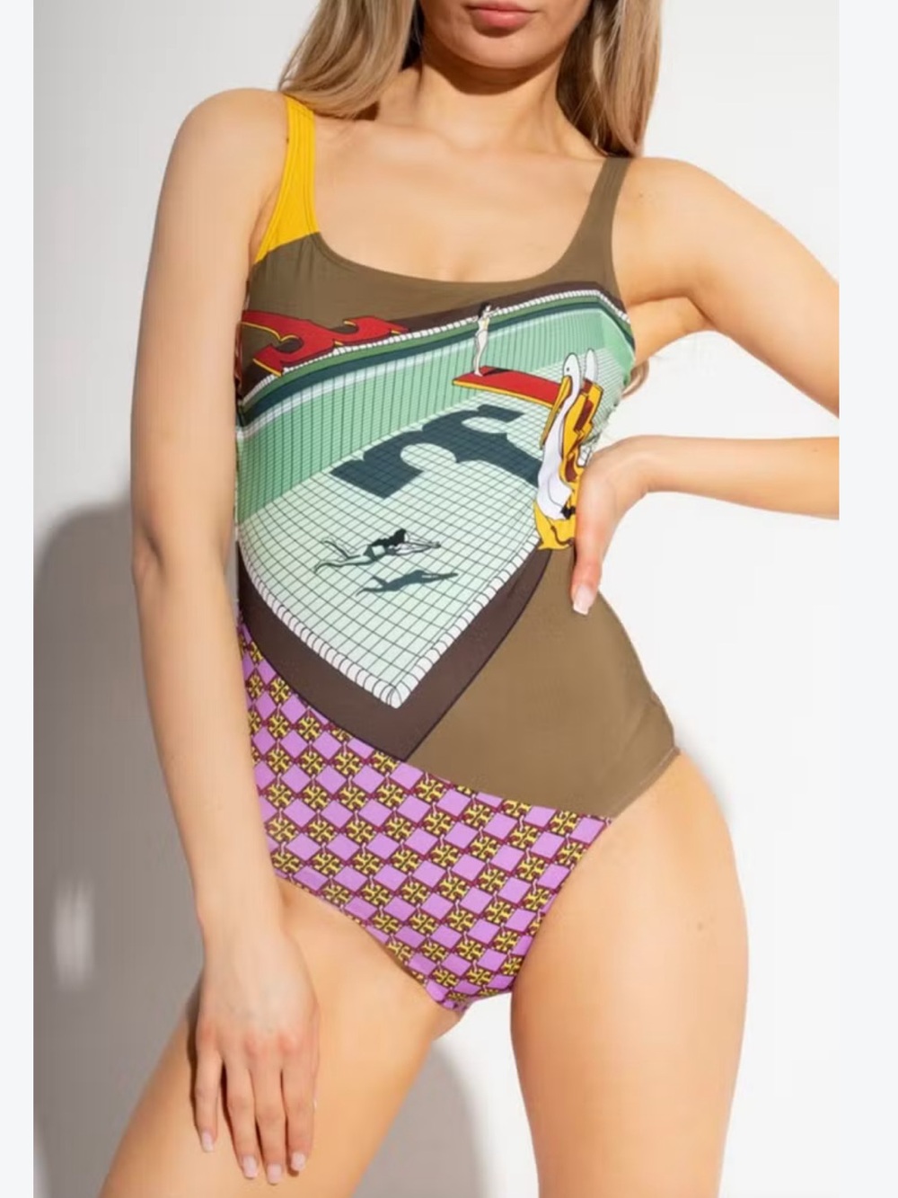 Tory Burch Printed One-Piece Swimsuit - Olive & Lavender with crane Size Small